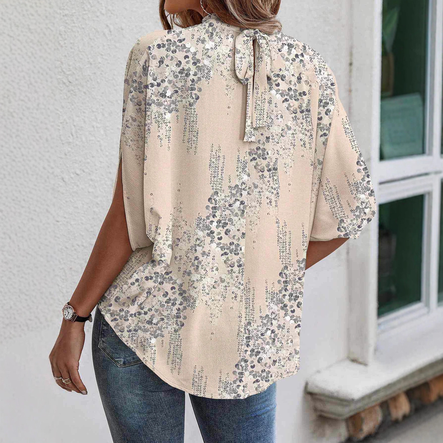 Womens Elegant Relaxed-fit Printed Short-sleeve Top