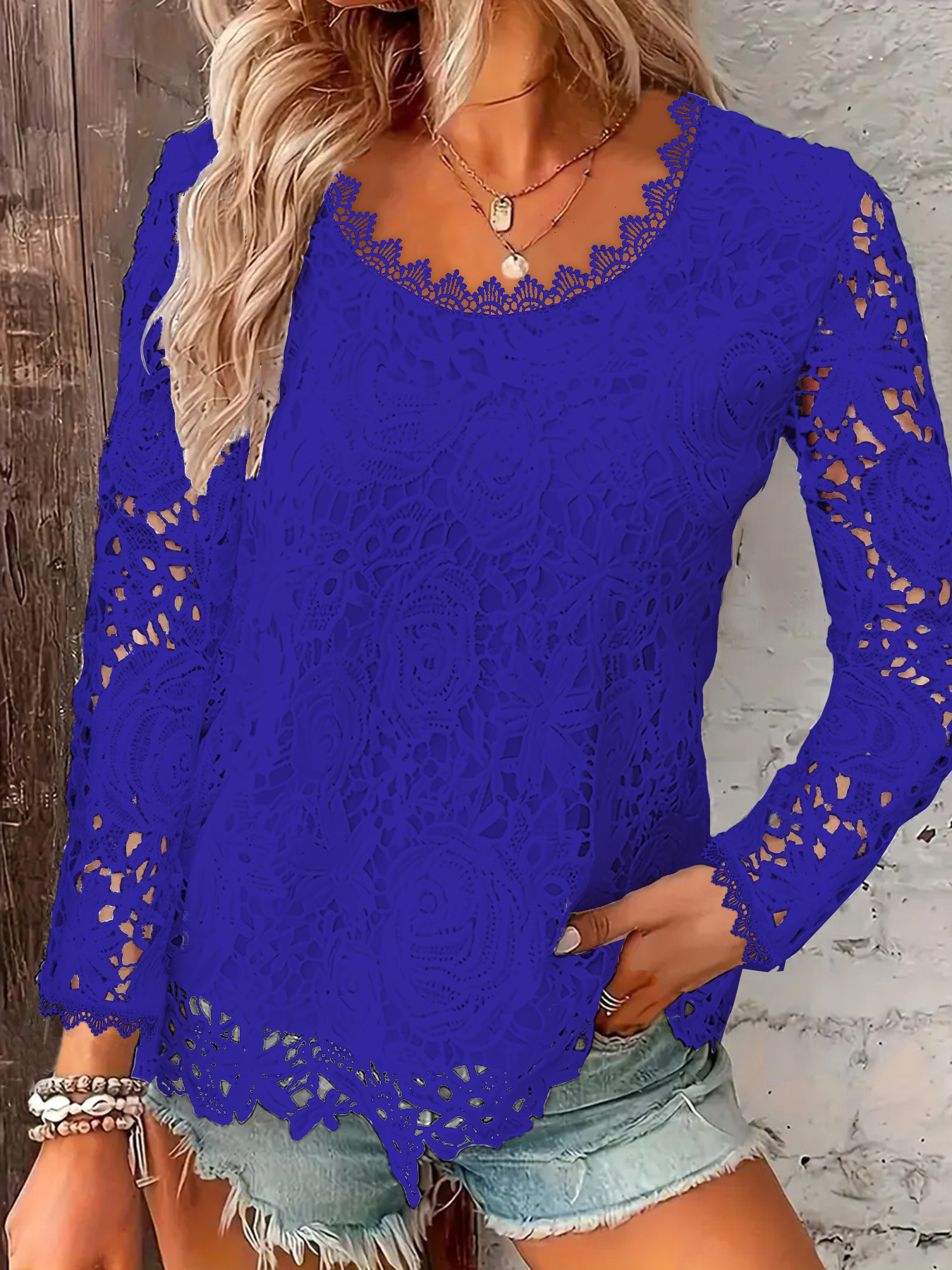 Womens Fashion Round-neck Solid-color Lace Long-sleeve Top