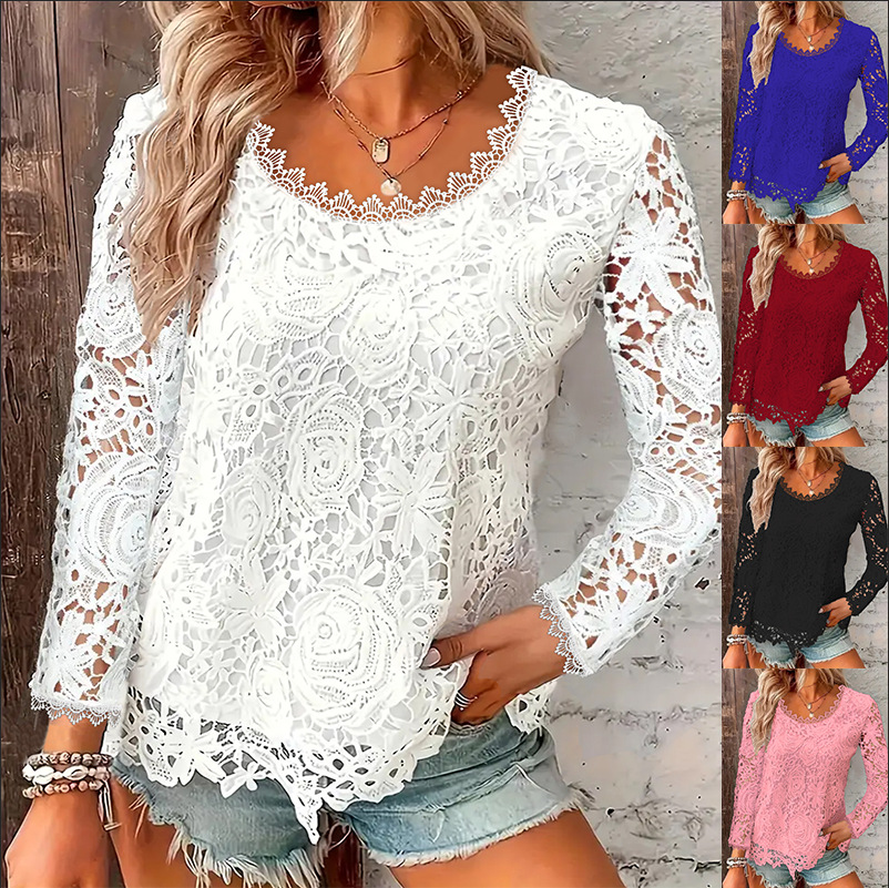 Womens Fashion Round-neck Solid-color Lace Long-sleeve Top