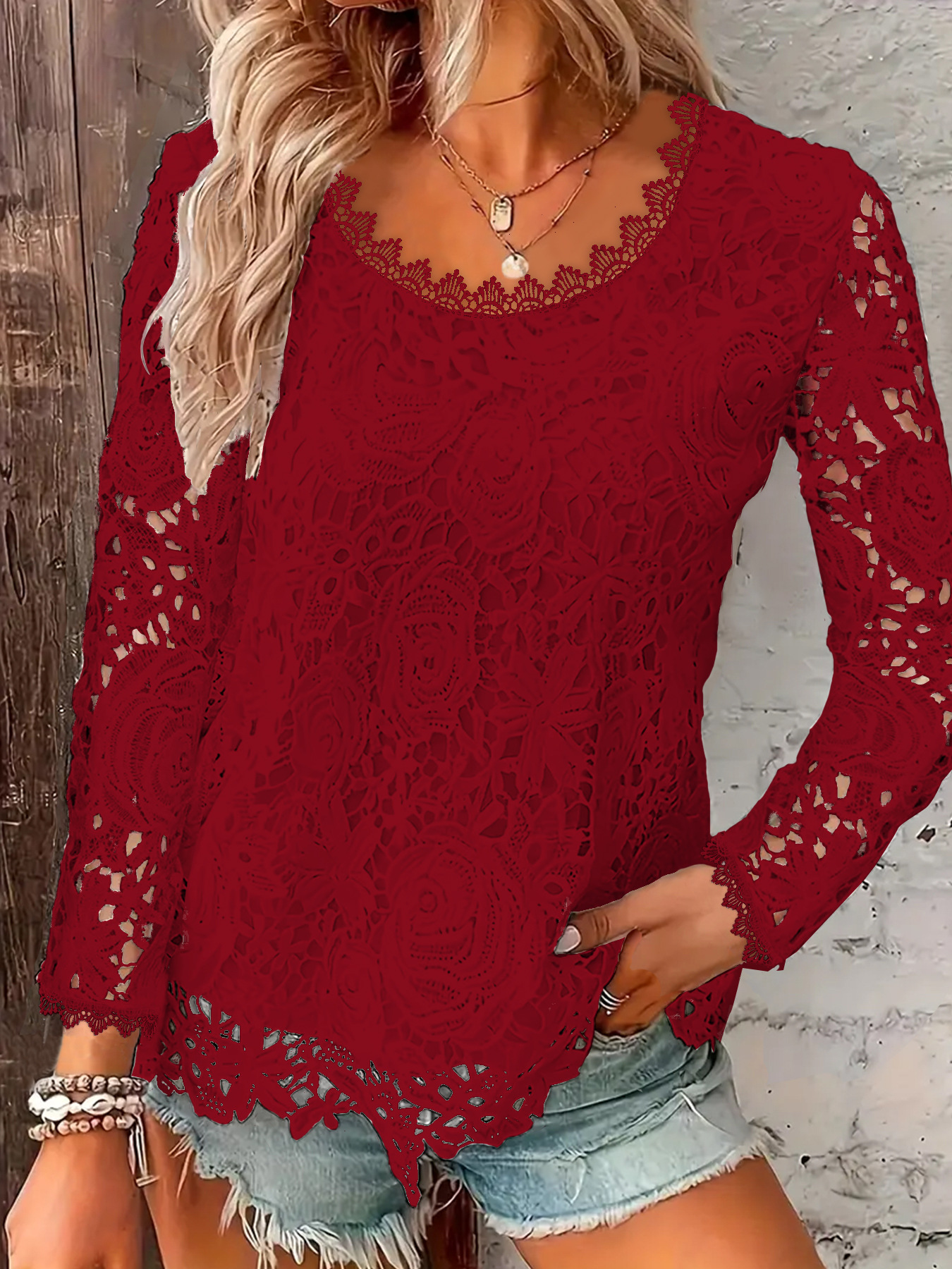 Womens Fashion Round-neck Solid-color Lace Long-sleeve Top