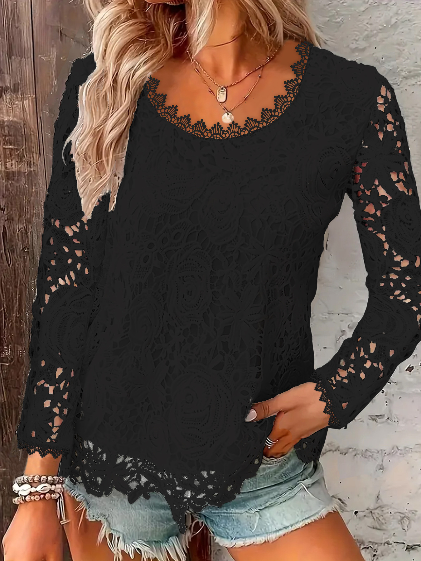 Womens Fashion Round-neck Solid-color Lace Long-sleeve Top