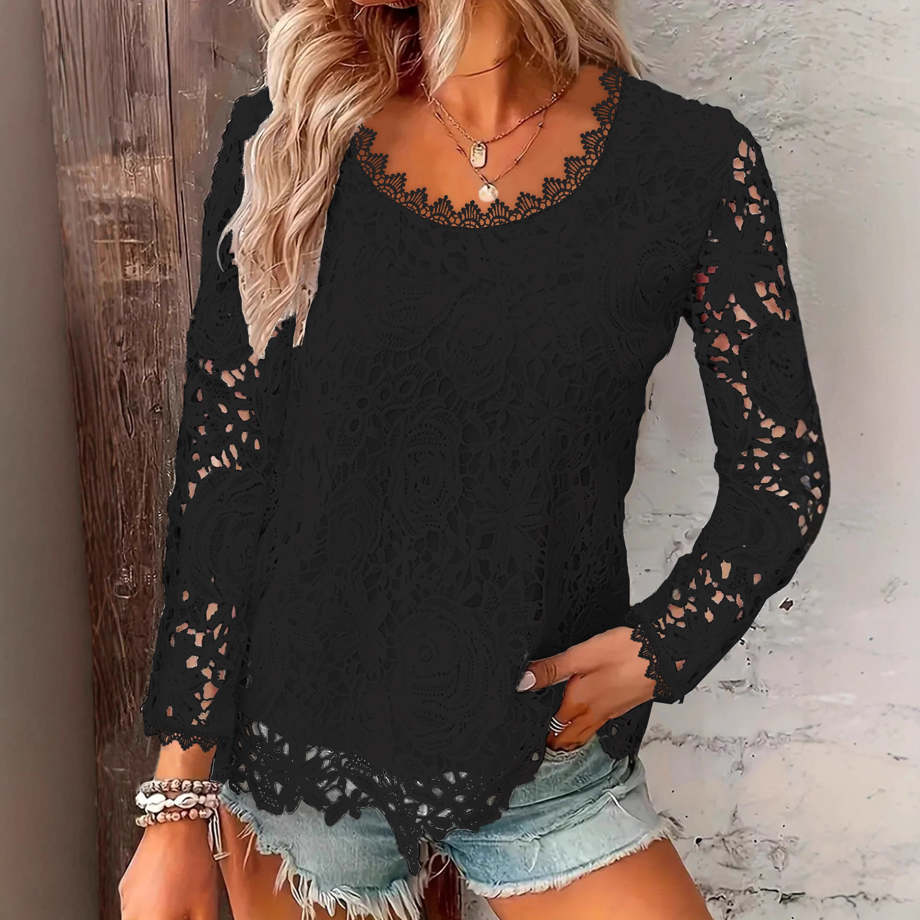 Womens Fashion Round-neck Solid-color Lace Long-sleeve Top