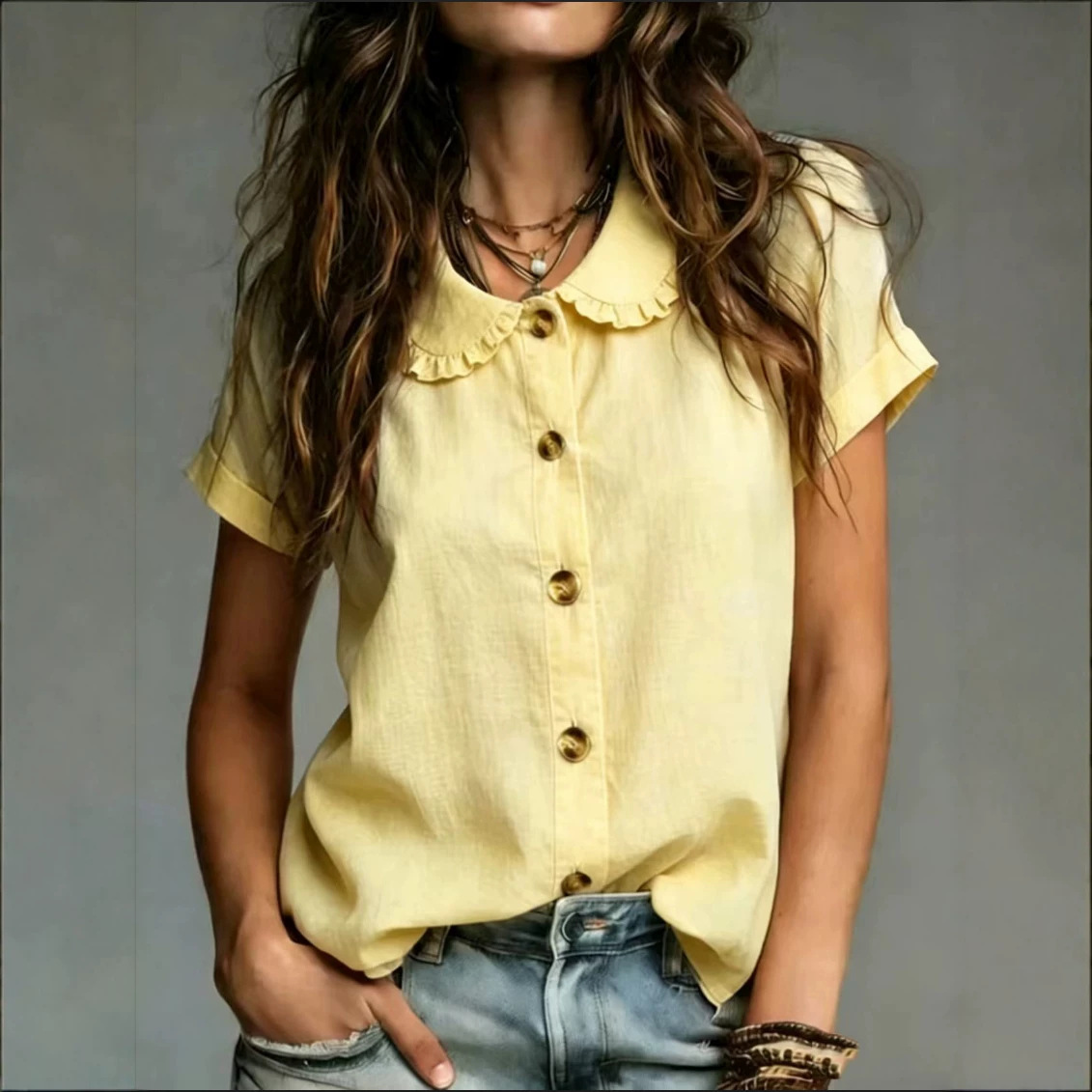 Womens Fashionable Casual Solid-Color Button-Up Shirt