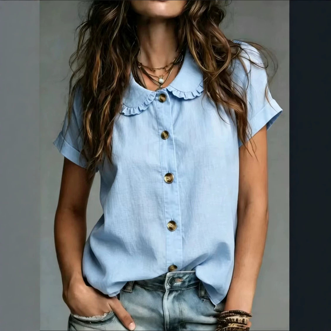 Womens Fashionable Casual Solid-Color Button-Up Shirt