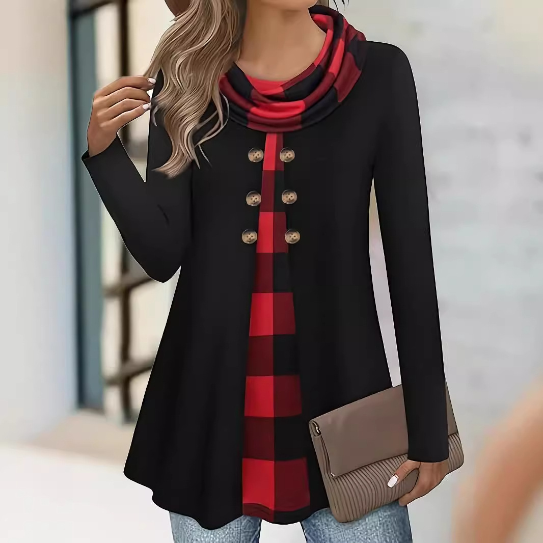 Womens Fashionable Loose-fit Casual Patchwork Long-sleeve Top