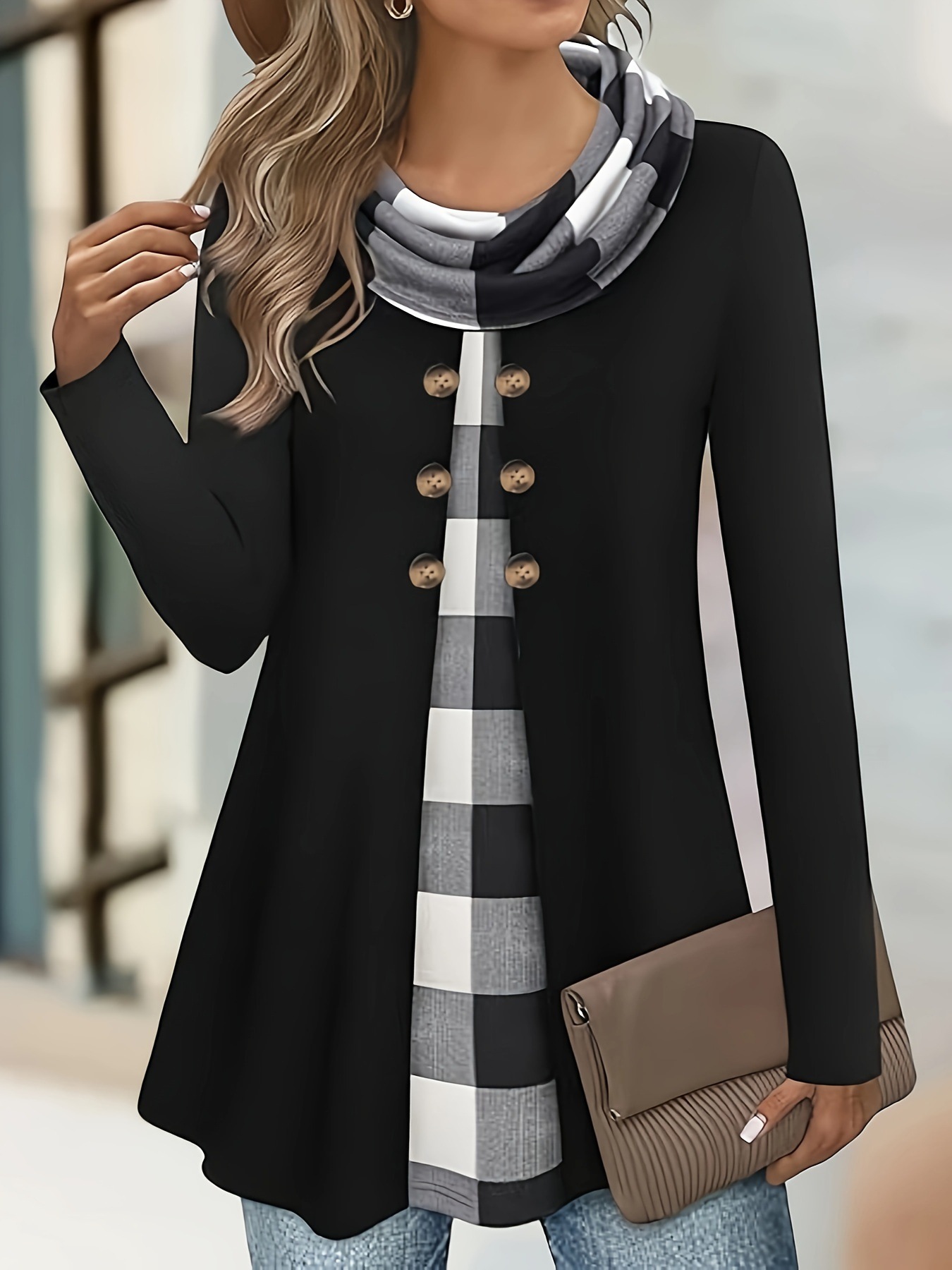 Top de manga larga con retales informal y holgado a la moda para mujer