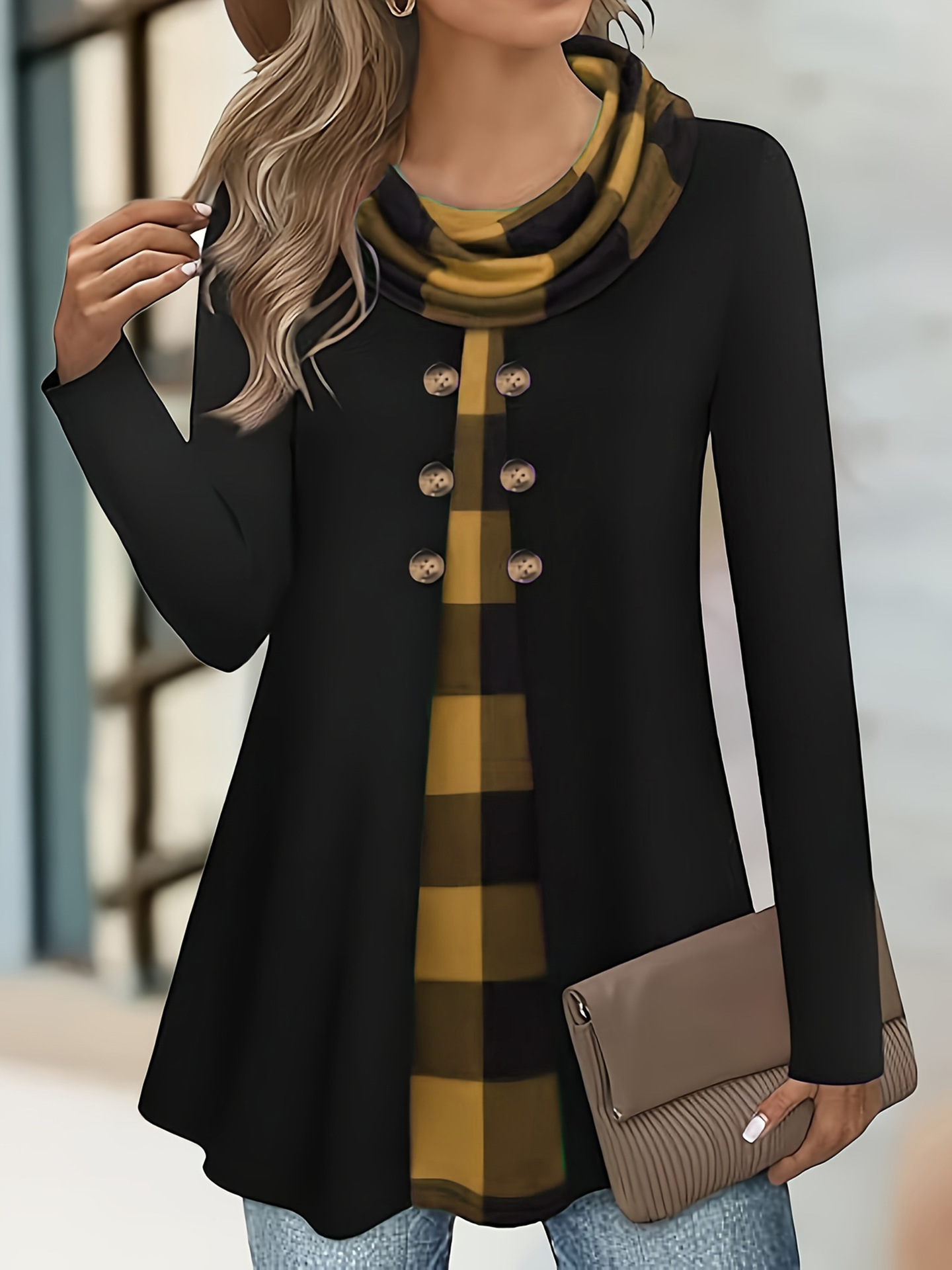 Top de manga larga con retales informal y holgado a la moda para mujer