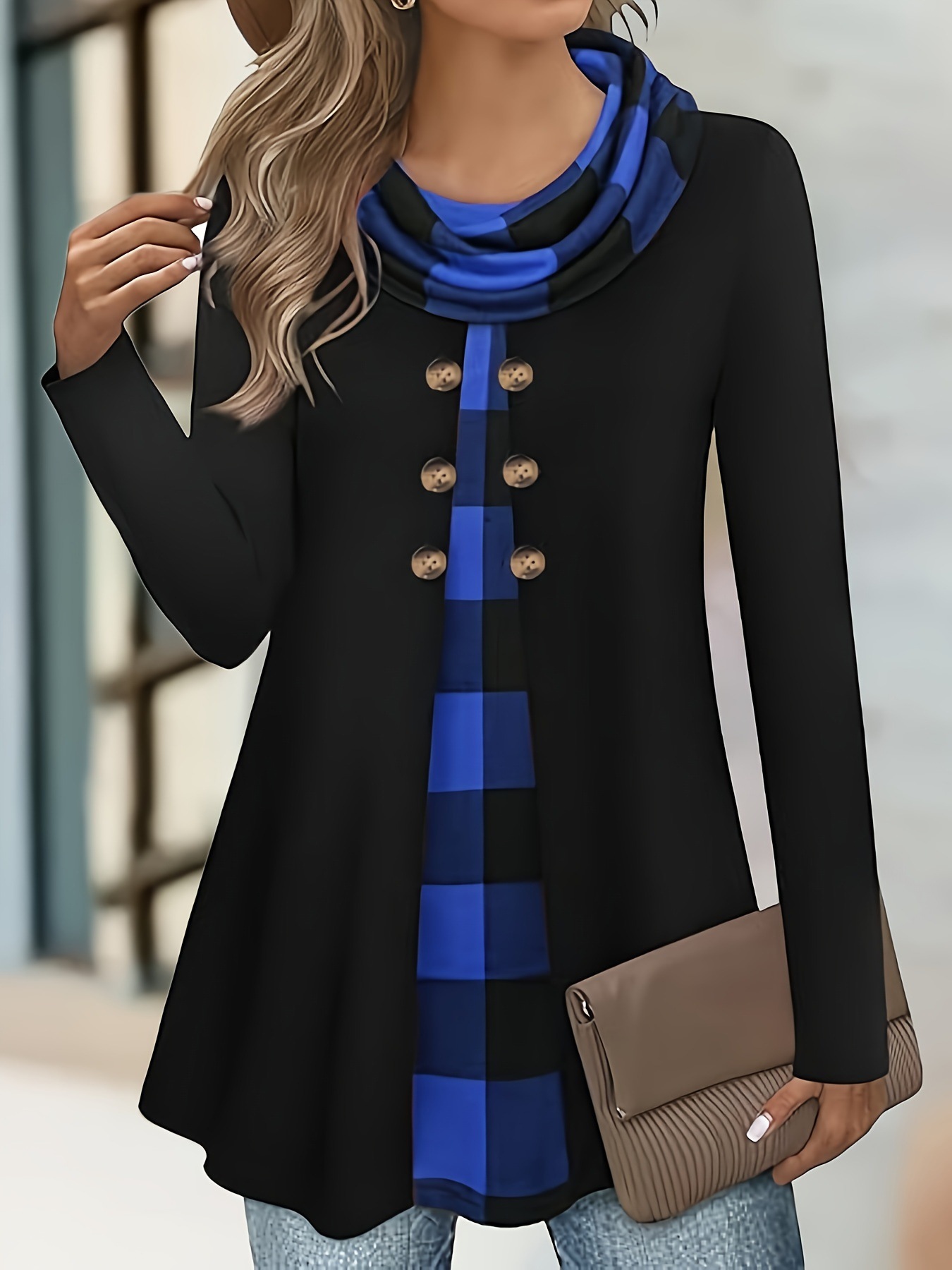Top de manga larga con retales informal y holgado a la moda para mujer