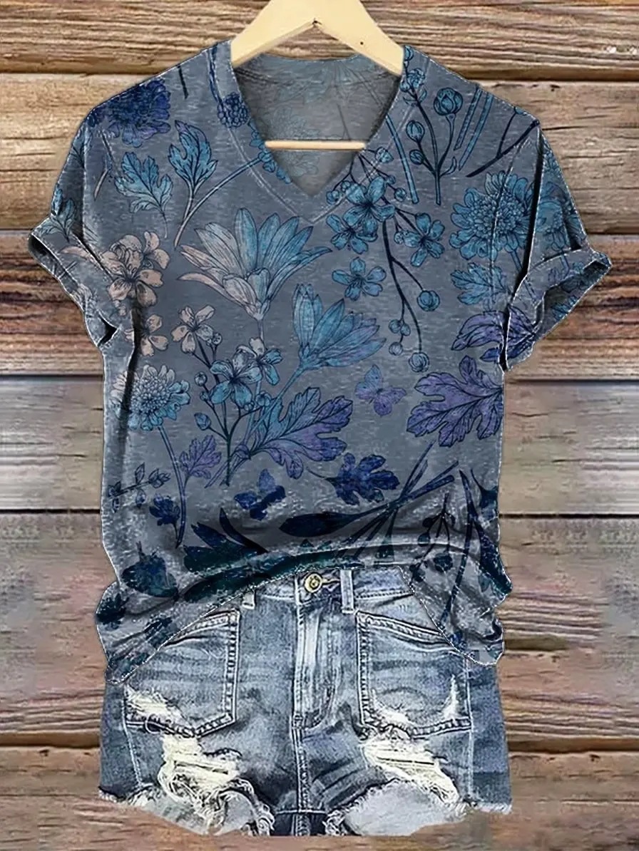 Womens Fashionable Loose-fit Casual V-neck Short-sleeve Top