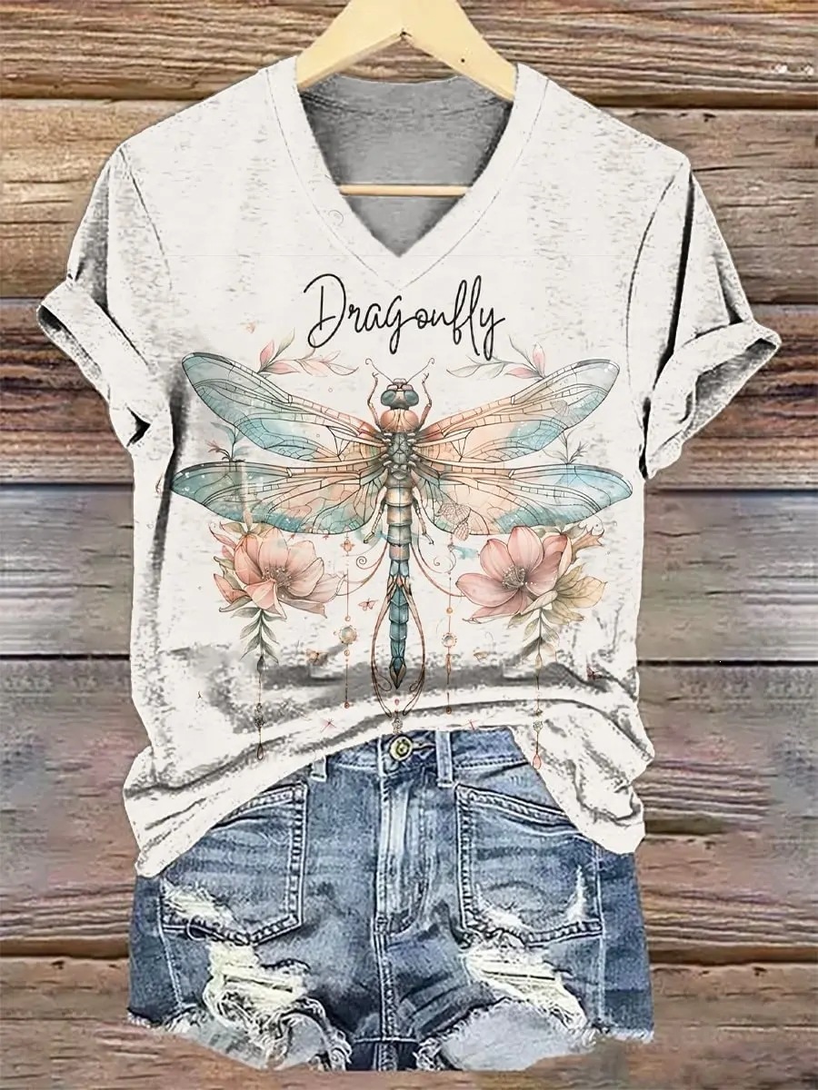 Womens Fashionable Loose-fit Casual V-neck Short-sleeve Top