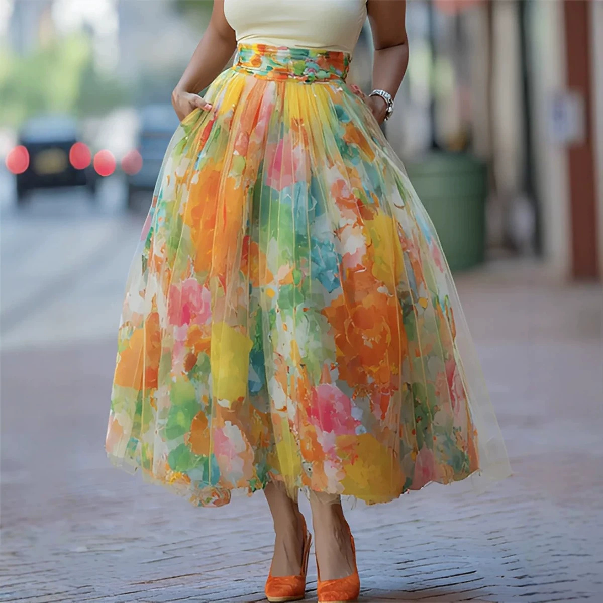 Womens Fashionable Printed Flared Skirt