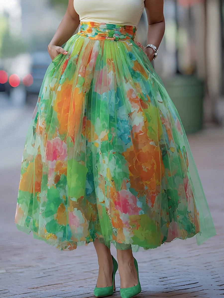 Womens Fashionable Printed Flared Skirt