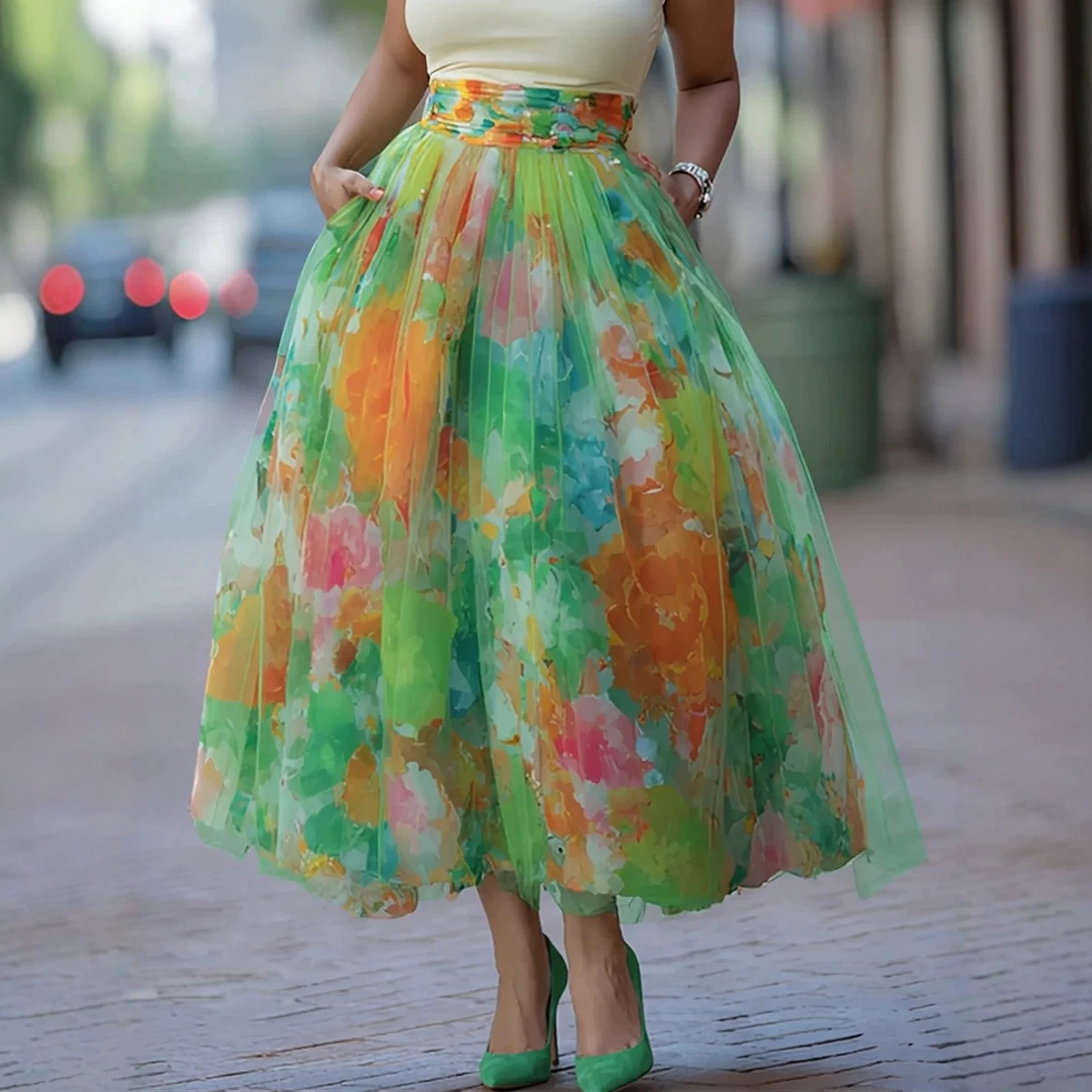 Womens Fashionable Printed Flared Skirt