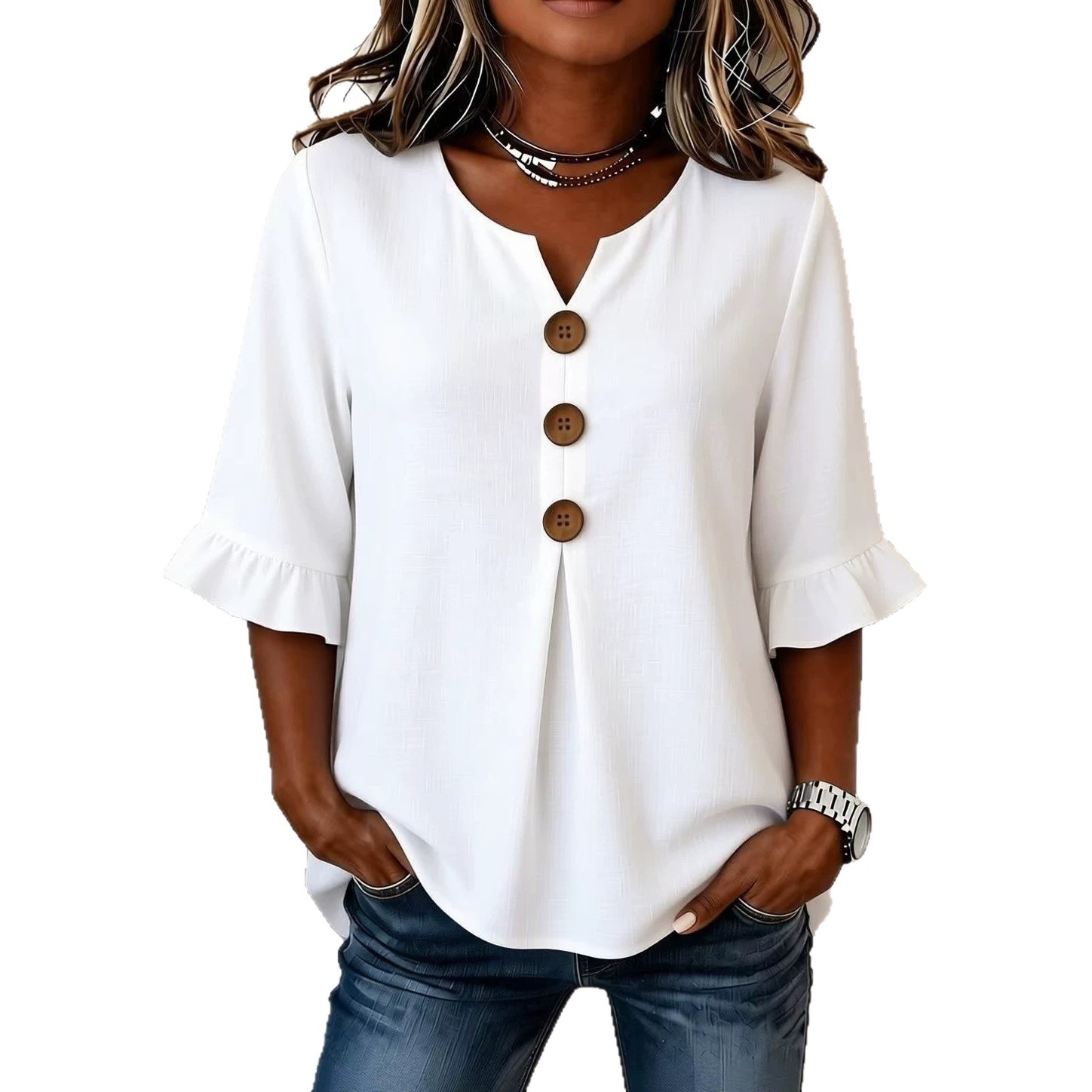 Womens Fashionable Solid-Color V-Neck Top With Ruffled Hem And Buttons