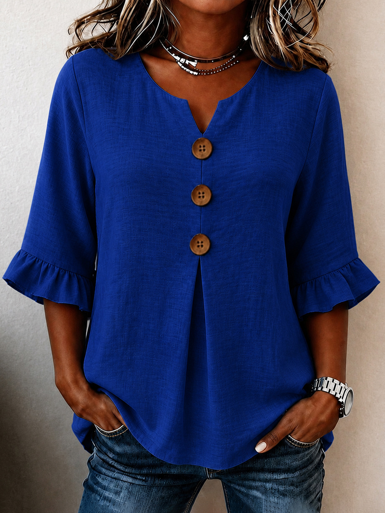 Womens Fashionable Solid-Color V-Neck Top With Ruffled Hem And Buttons