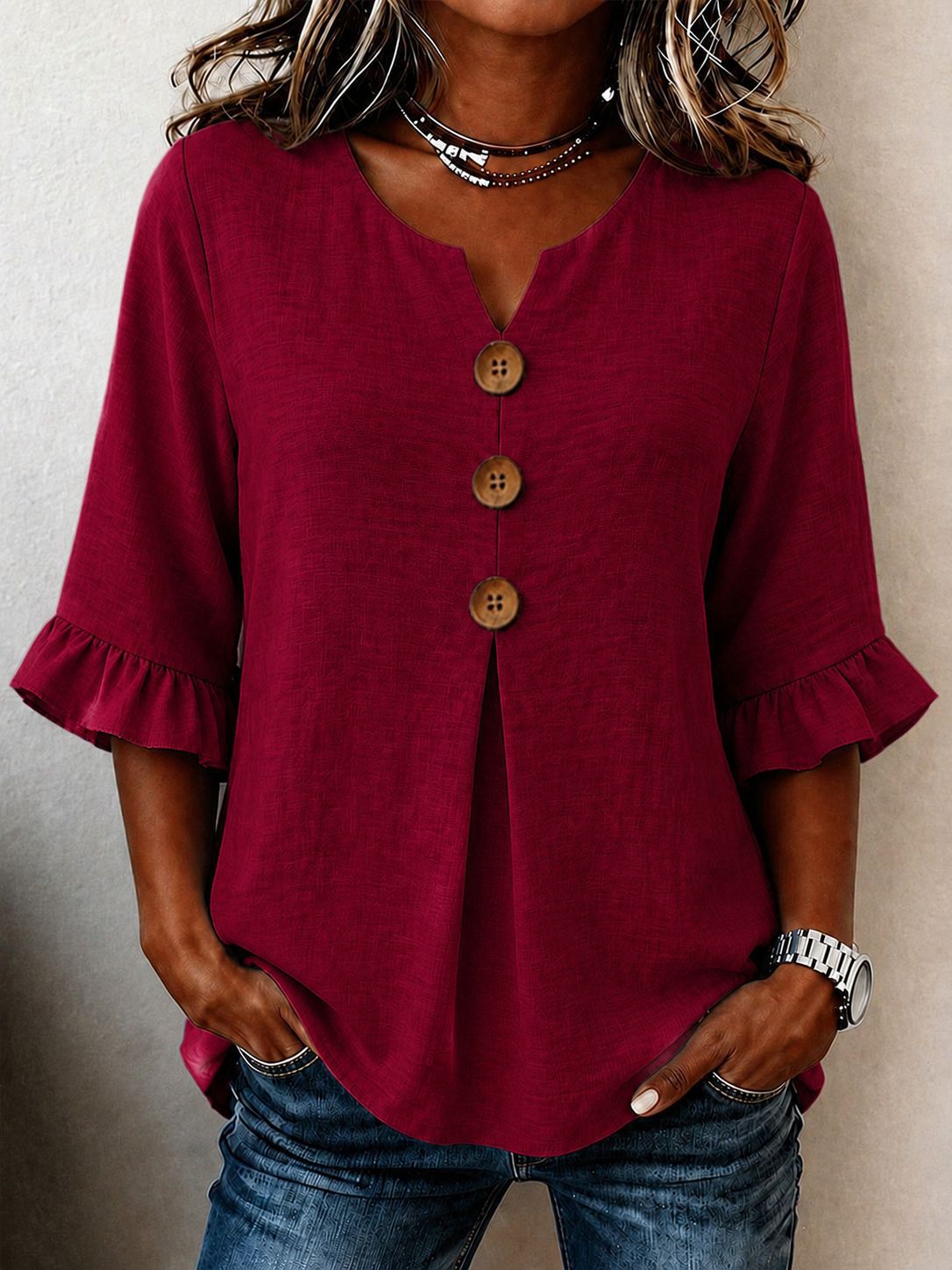 Womens Fashionable Solid-Color V-Neck Top With Ruffled Hem And Buttons