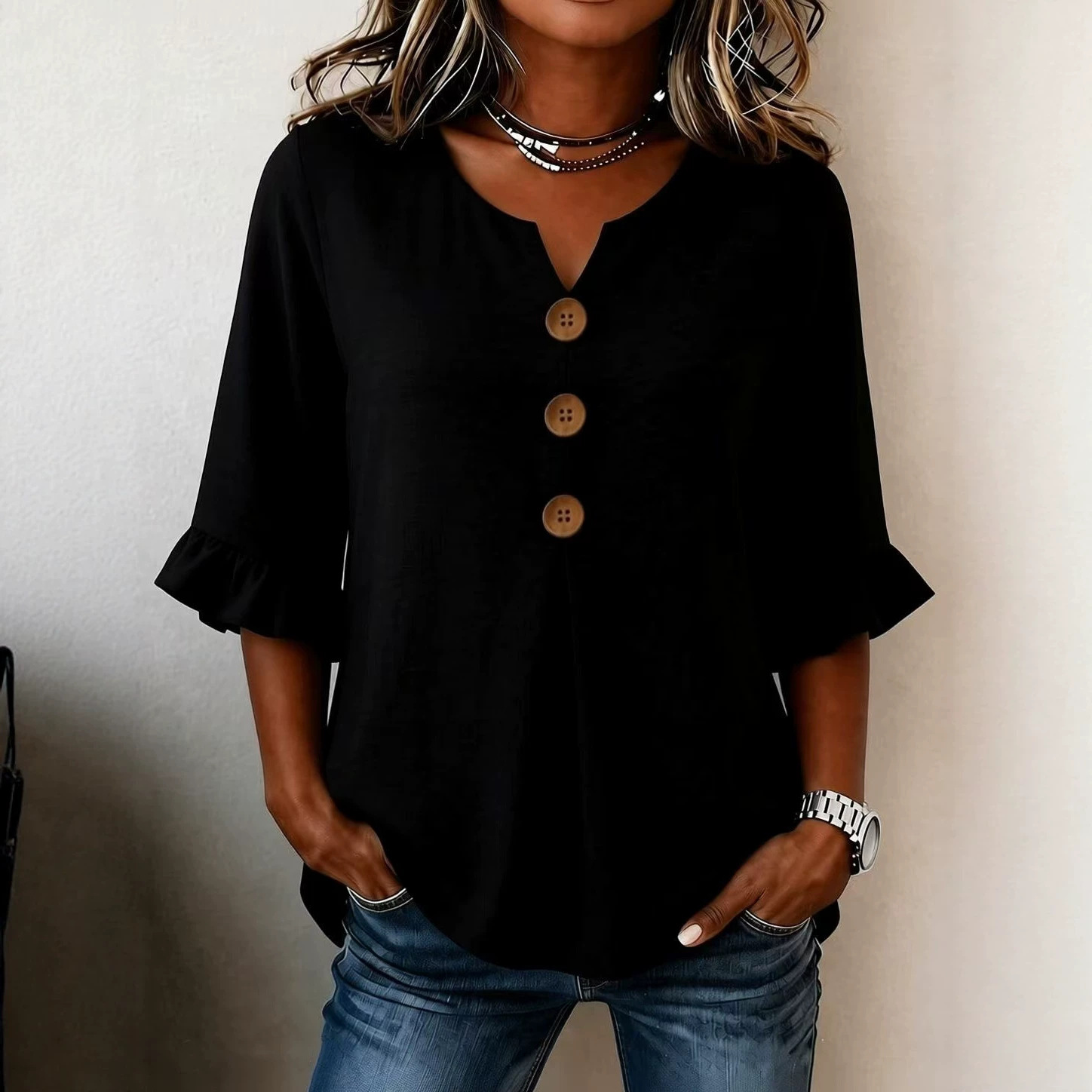 Womens Fashionable Solid-Color V-Neck Top With Ruffled Hem And Buttons