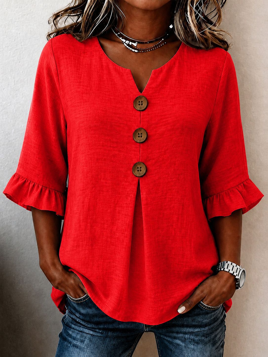 Womens Fashionable Solid-Color V-Neck Top With Ruffled Hem And Buttons
