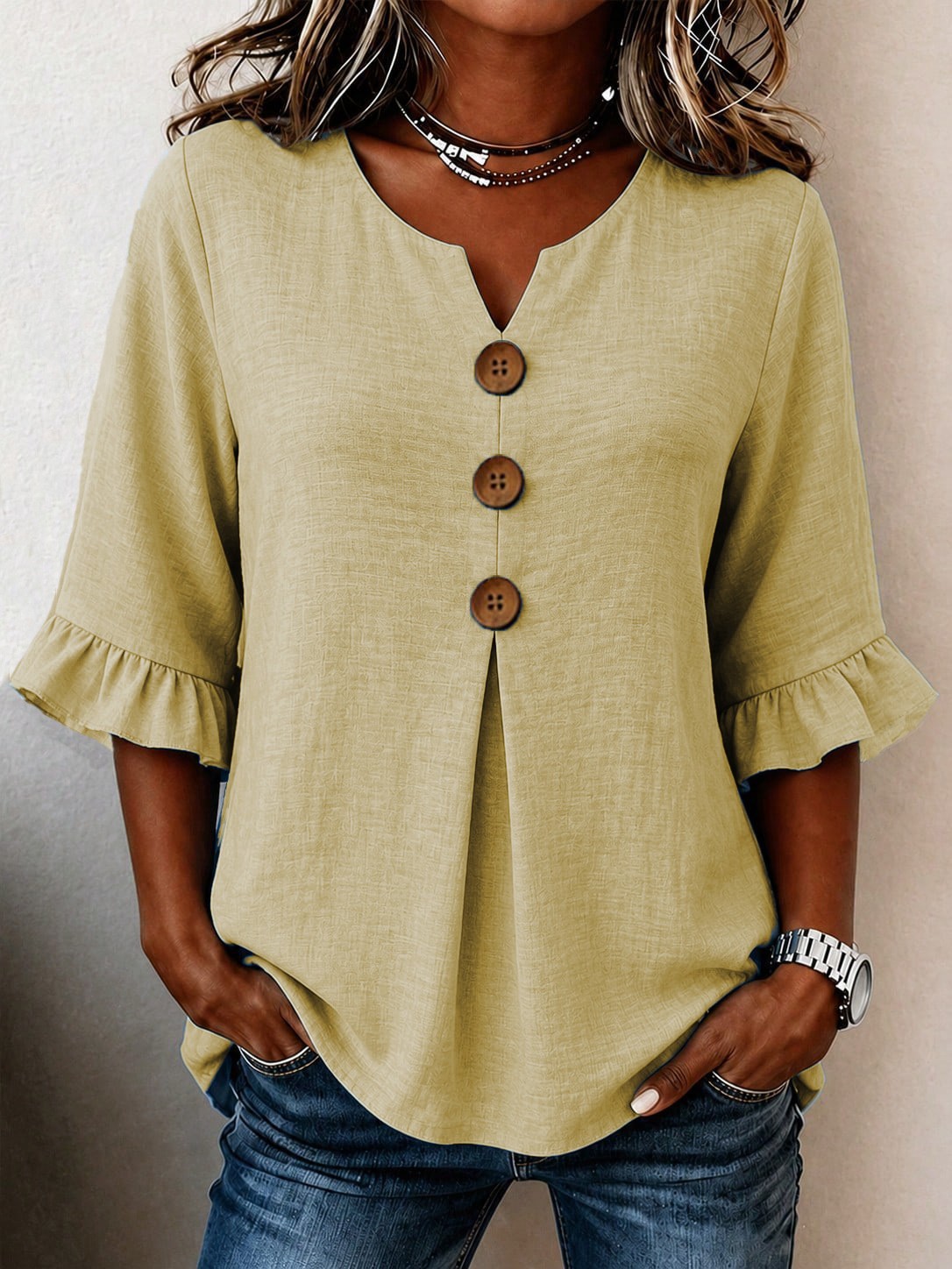Womens Fashionable Solid-Color V-Neck Top With Ruffled Hem And Buttons