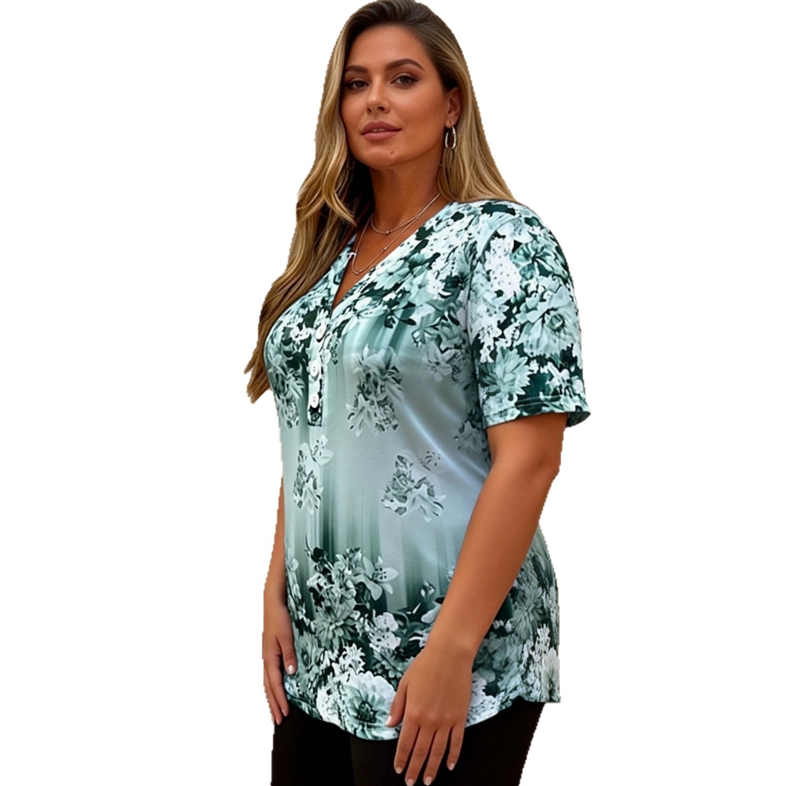 Womens Floral Print V-Neck Lightweight Short Sleeve