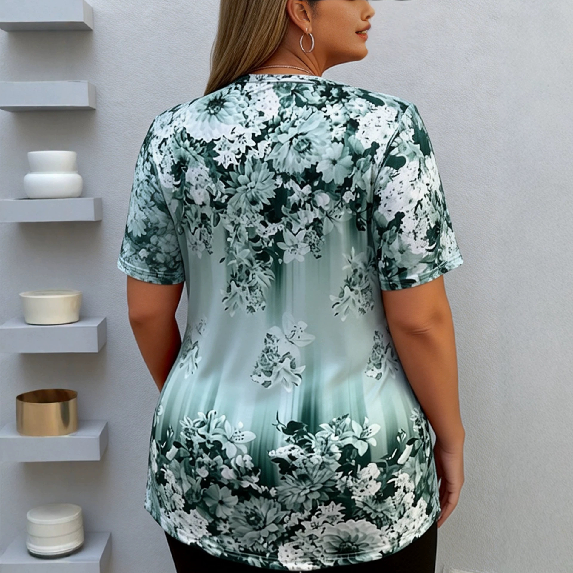 Womens Floral Print V-Neck Lightweight Short Sleeve