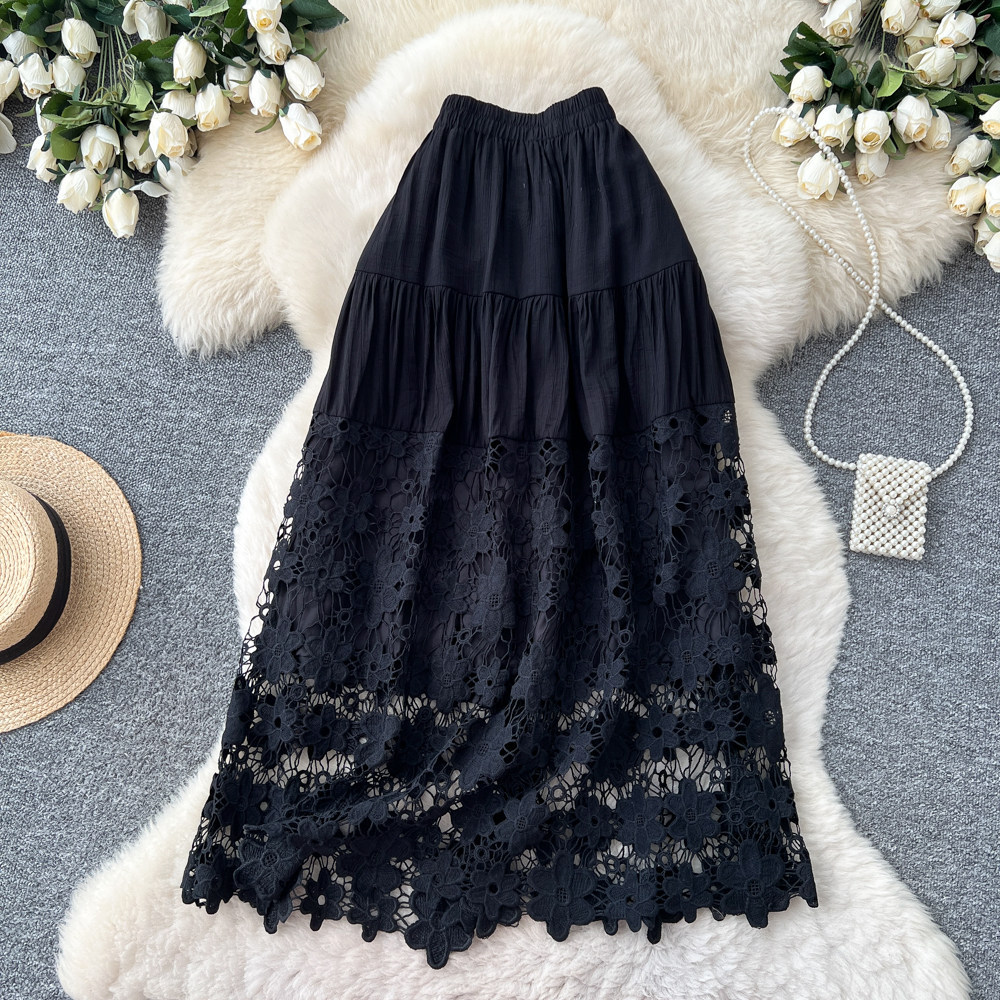 Womens Hollowed-Out Loose Lace-Patchwork A-Line Skirt