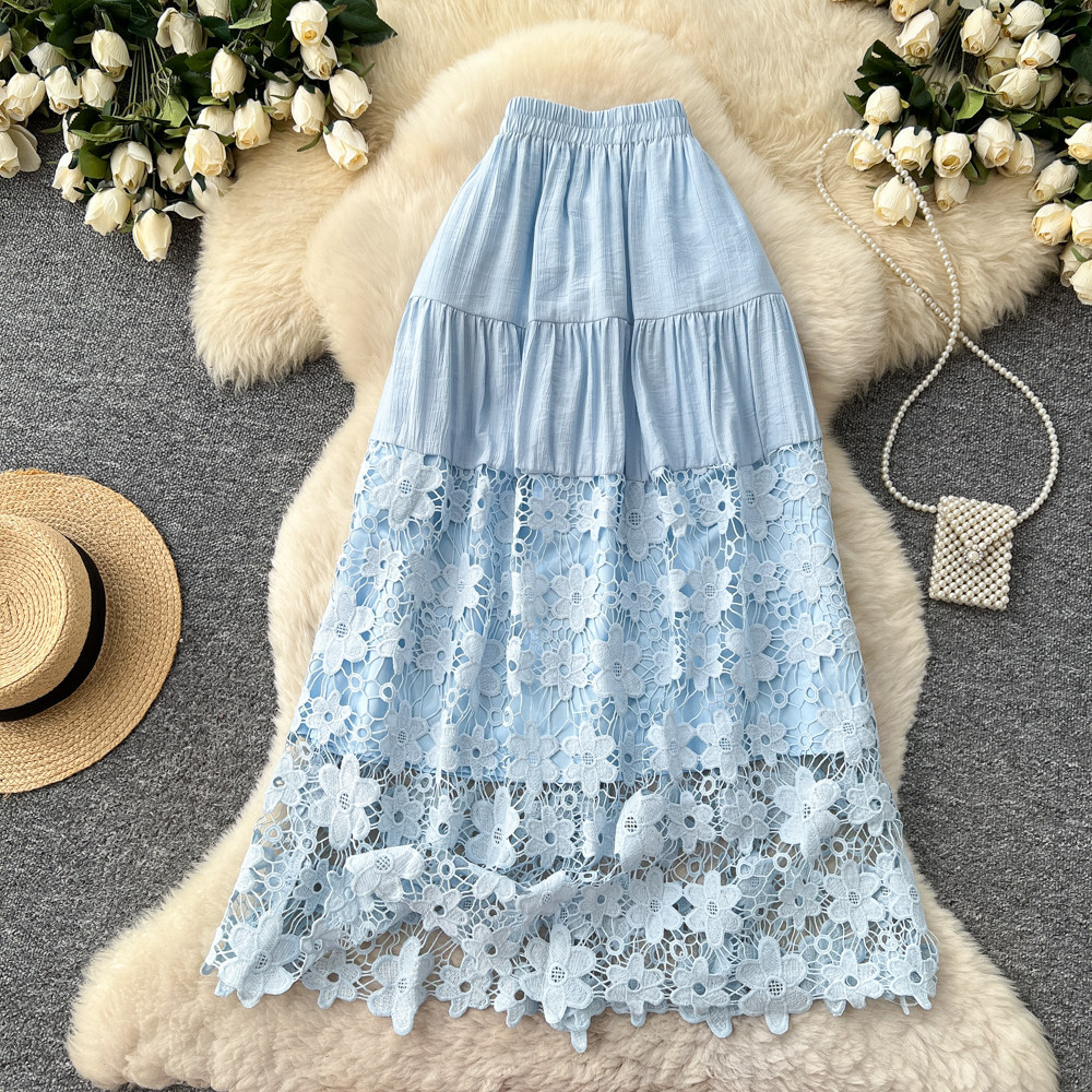 Womens Hollowed-Out Loose Lace-Patchwork A-Line Skirt