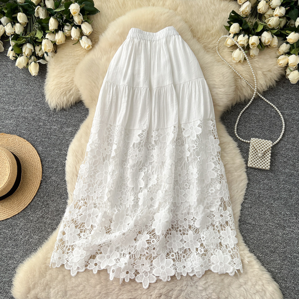 Womens Hollowed-Out Loose Lace-Patchwork A-Line Skirt