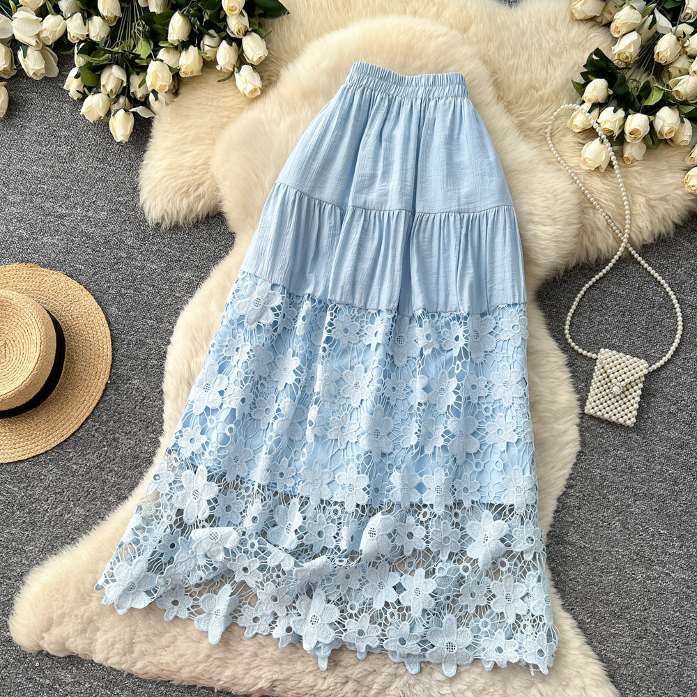 Womens Hollowed-Out Loose Lace-Patchwork A-Line Skirt