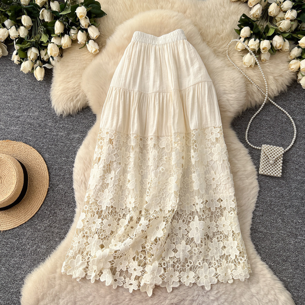 Womens Hollowed-Out Loose Lace-Patchwork A-Line Skirt