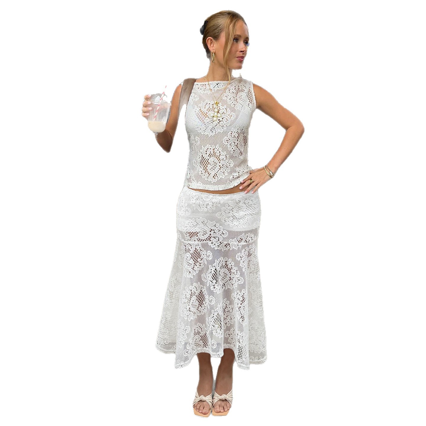 Womens Hollowed-Out Sheer Lace Skirt
