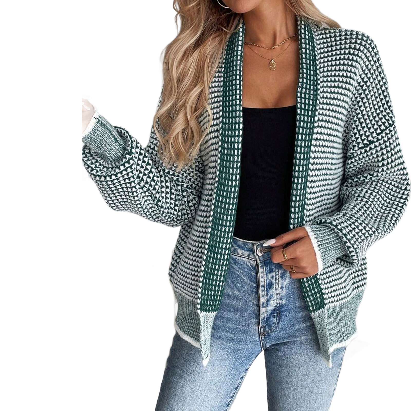 Womens Knitted Cardigan Plaid Sweater Coat