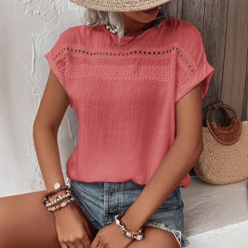 Womens Lace Casual Spliced Short-sleeve Top