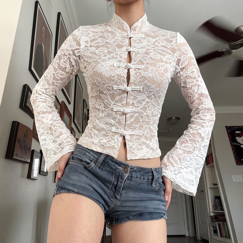 Womens Lace Stand-collar Top With Chinese-style Knot Buttons And Slightly Flared Sleeves
