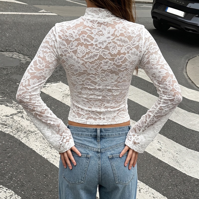 Womens Lace Stand-collar Top With Chinese-style Knot Buttons And Slightly Flared Sleeves