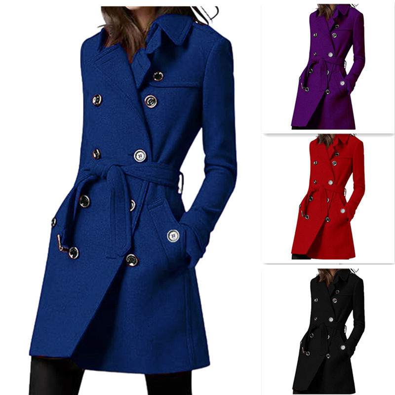 Womens Long Woolen Belted Double-breasted Coat With A Fitted Waist