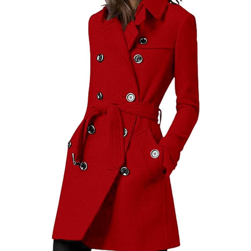 Womens Long Woolen Belted Double-breasted Coat With A Fitted Waist