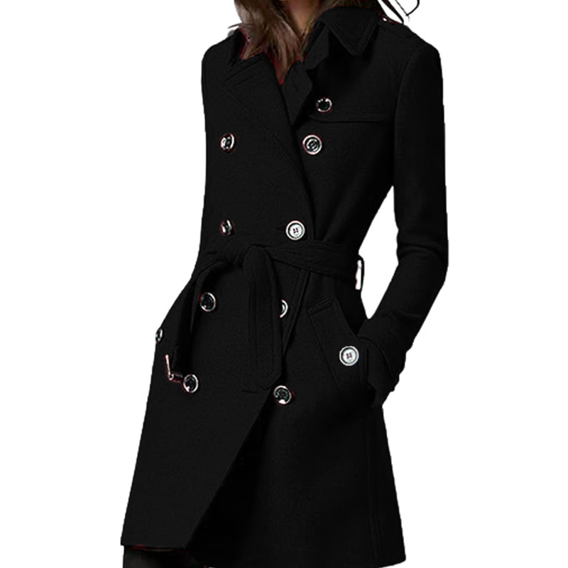 Womens Long Woolen Belted Double-breasted Coat With A Fitted Waist