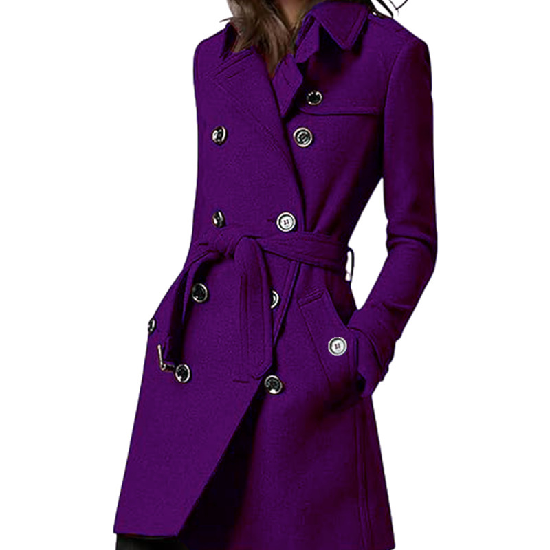Womens Long Woolen Belted Double-breasted Coat With A Fitted Waist