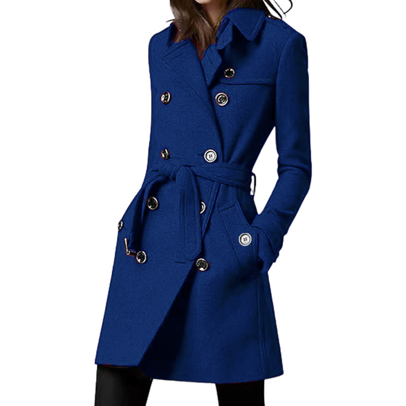 Womens Long Woolen Belted Double-breasted Coat With A Fitted Waist