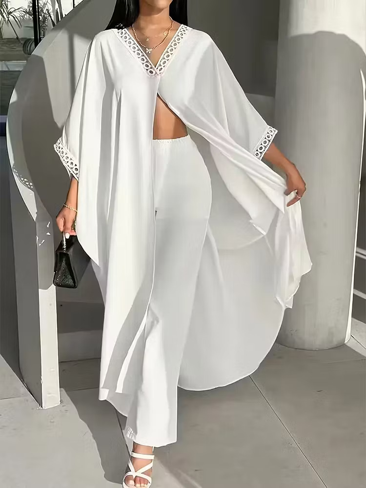 Womens Loose-Fit Batwing-Sleeve Lace V-Neck Coat And Pants Set
