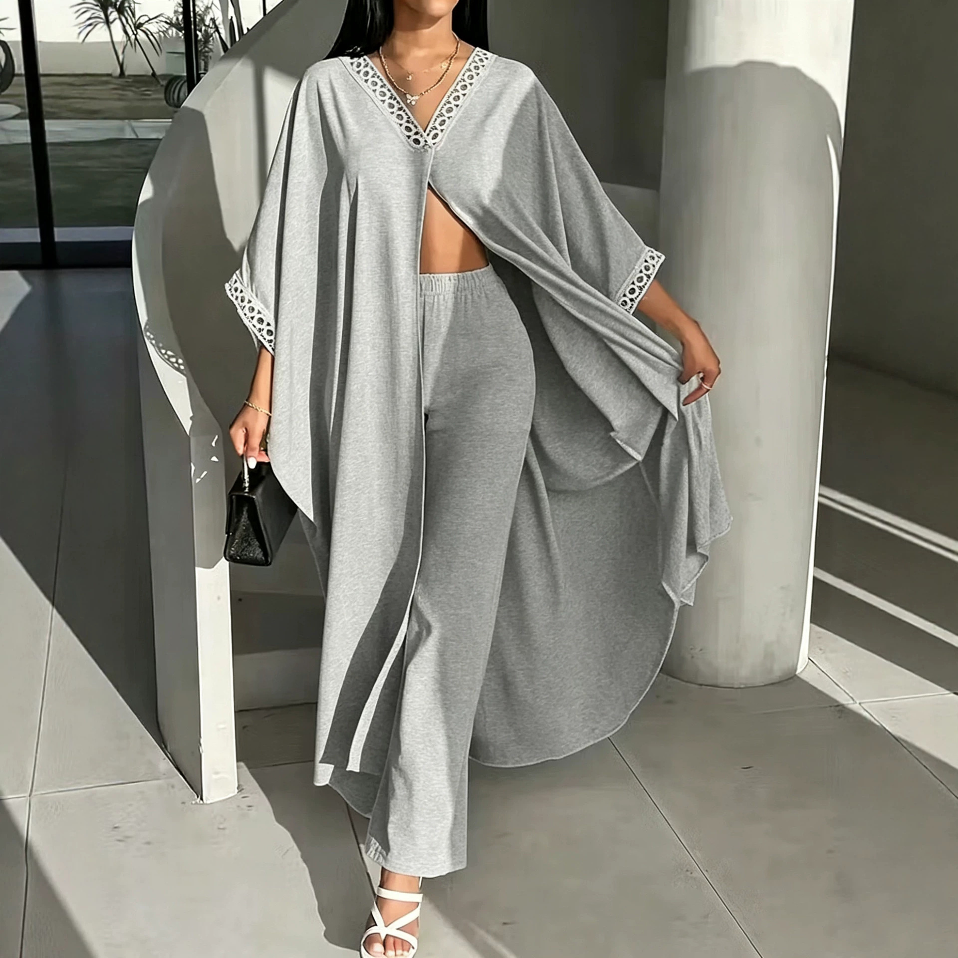 Womens Loose-Fit Batwing-Sleeve Lace V-Neck Coat And Pants Set