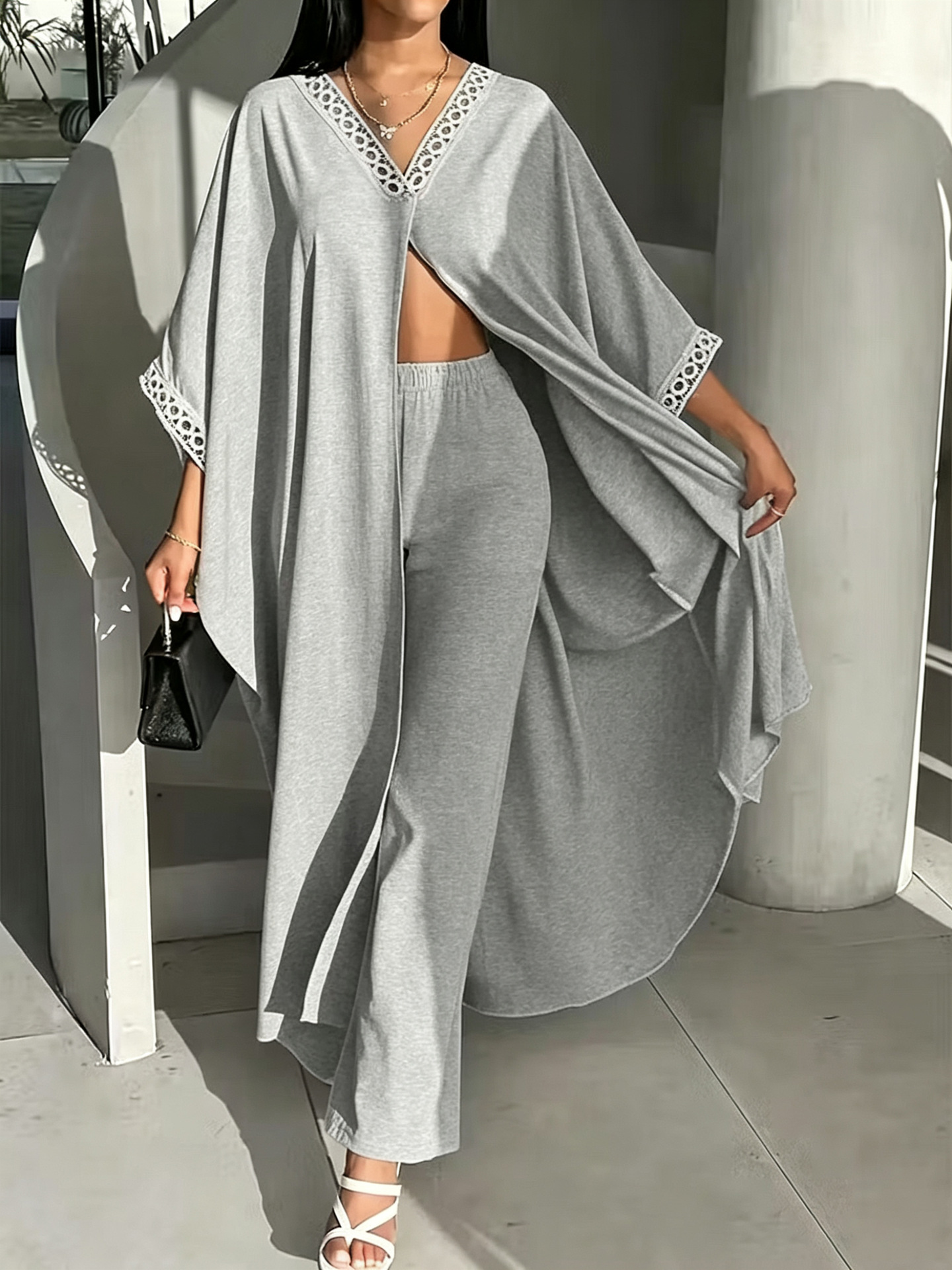 Womens Loose-Fit Batwing-Sleeve Lace V-Neck Coat And Pants Set