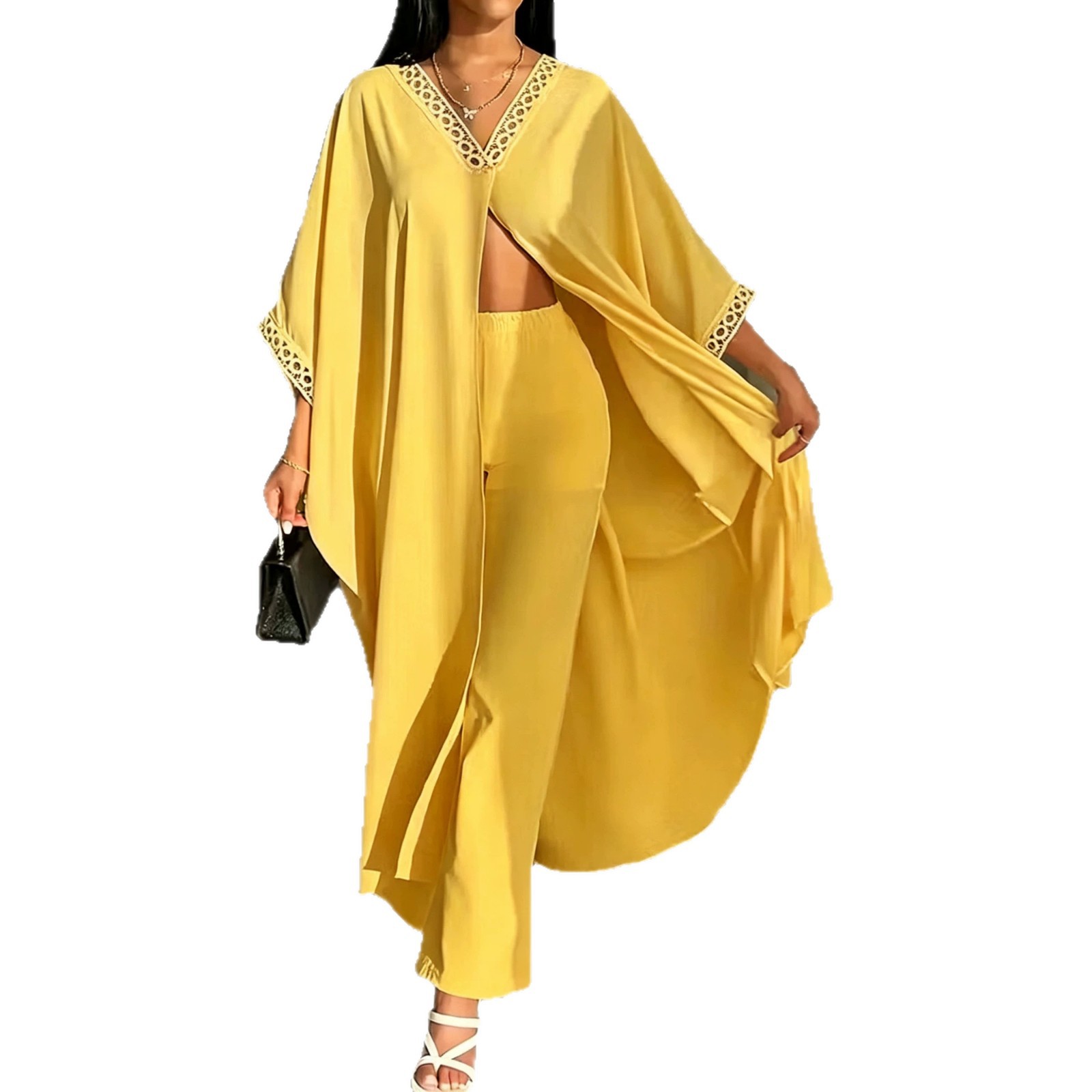 Womens Loose-Fit Batwing-Sleeve Lace V-Neck Coat And Pants Set