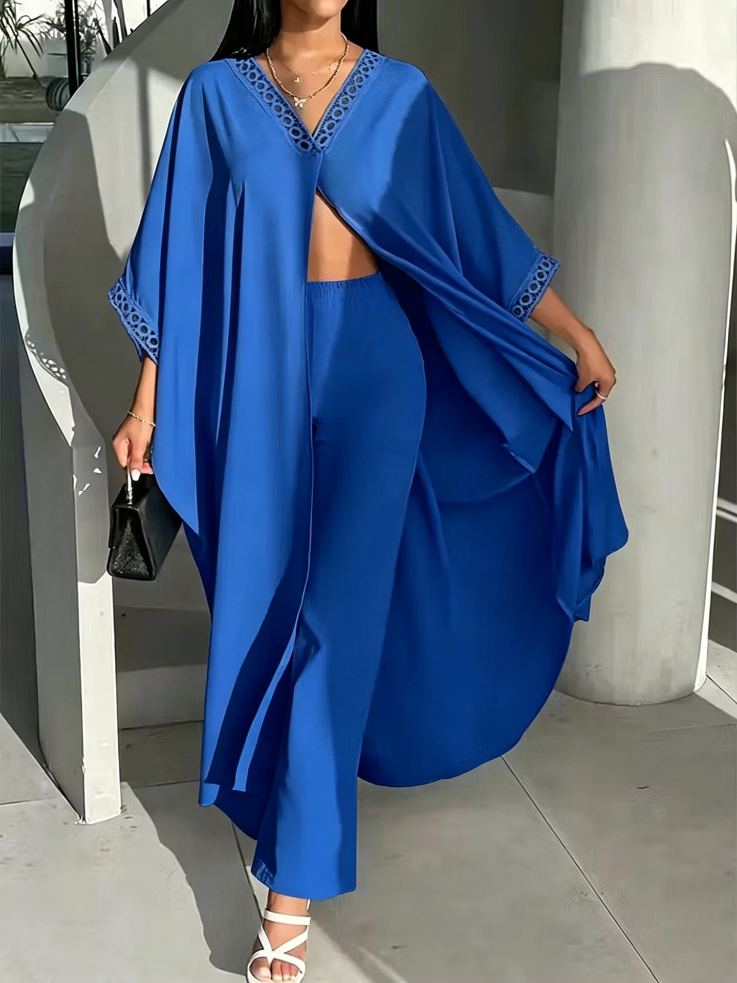Womens Loose-Fit Batwing-Sleeve Lace V-Neck Coat And Pants Set
