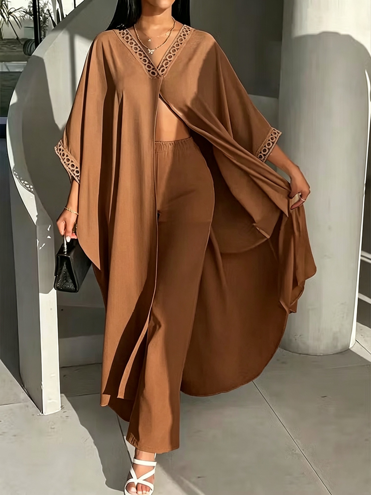 Womens Loose-Fit Batwing-Sleeve Lace V-Neck Coat And Pants Set