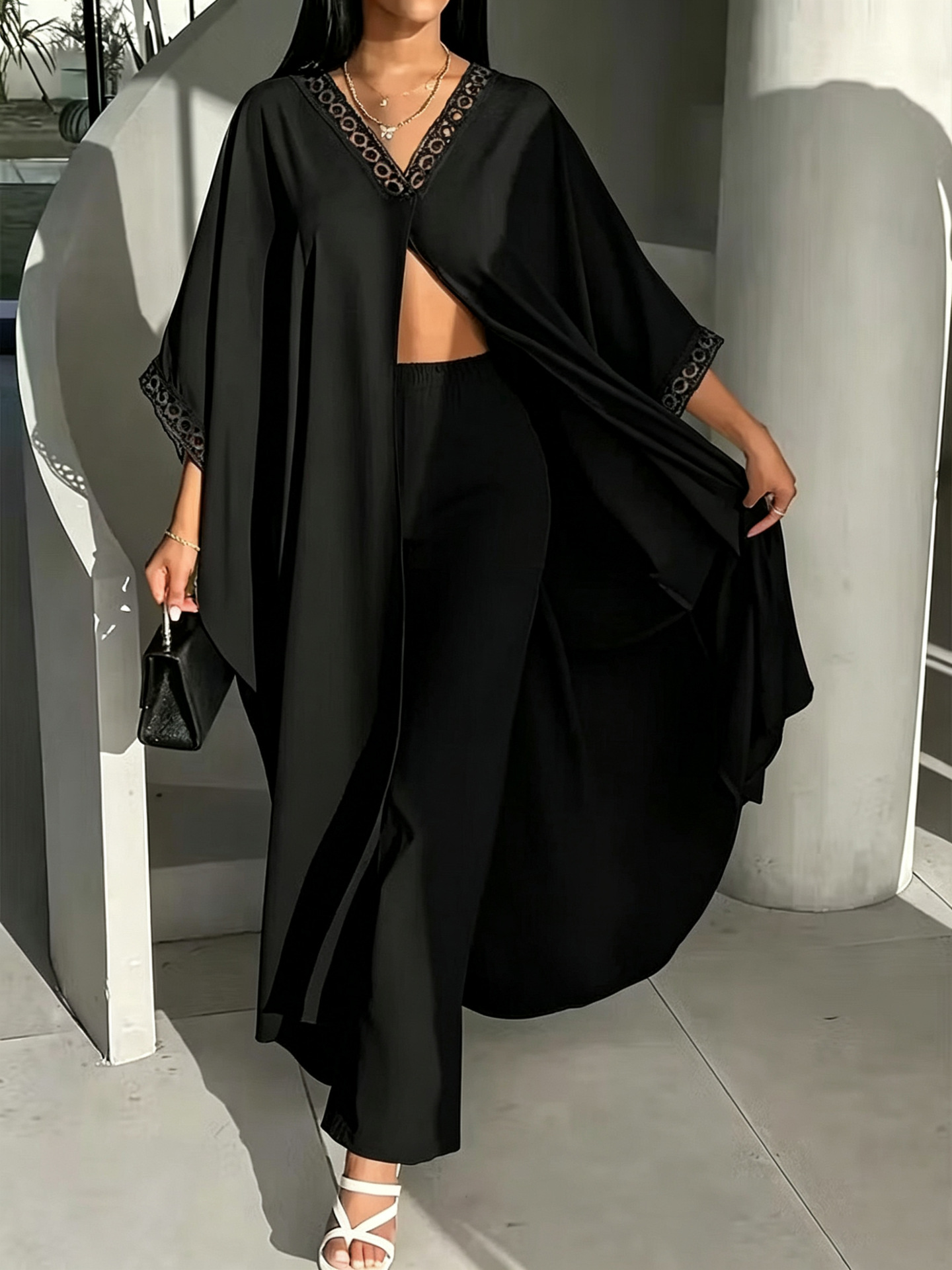 Womens Loose-Fit Batwing-Sleeve Lace V-Neck Coat And Pants Set