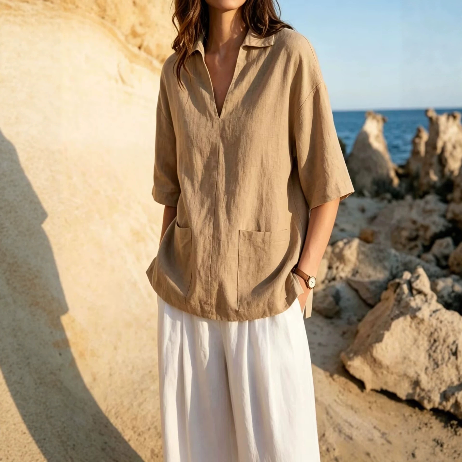Womens Loose-Fit Lapel V-Neck T-Shirt Top