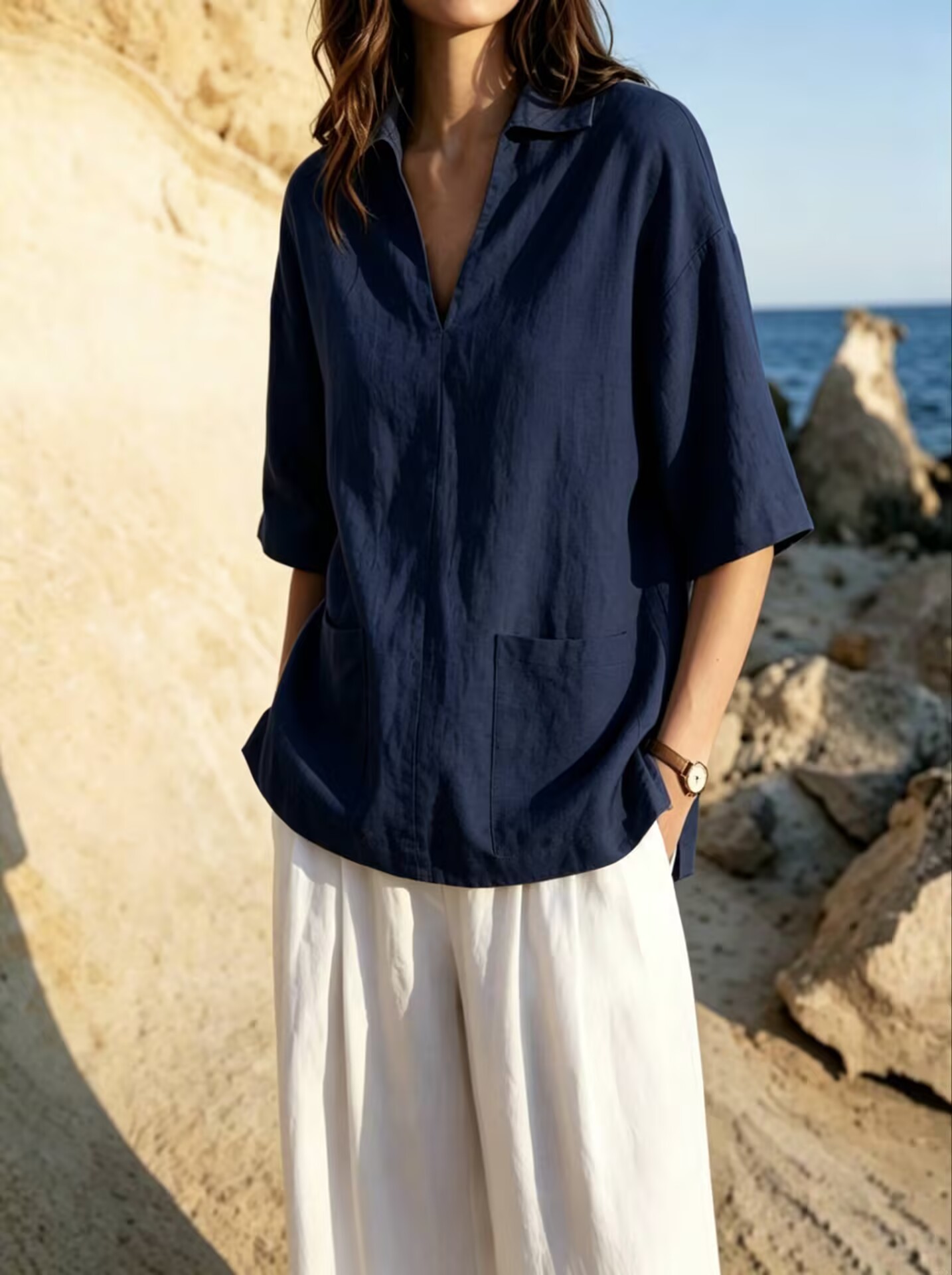 Womens Loose-Fit Lapel V-Neck T-Shirt Top