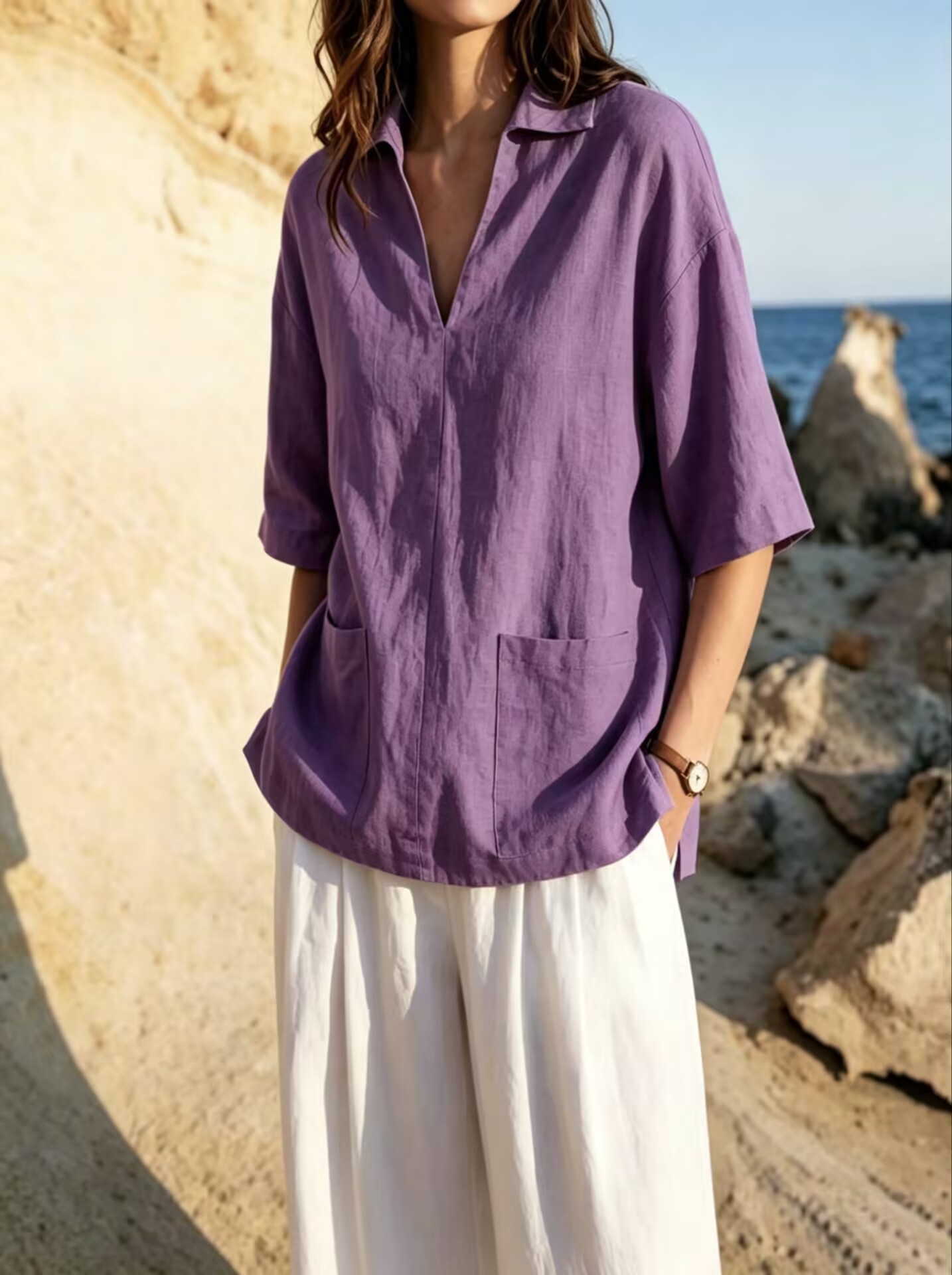 Womens Loose-Fit Lapel V-Neck T-Shirt Top